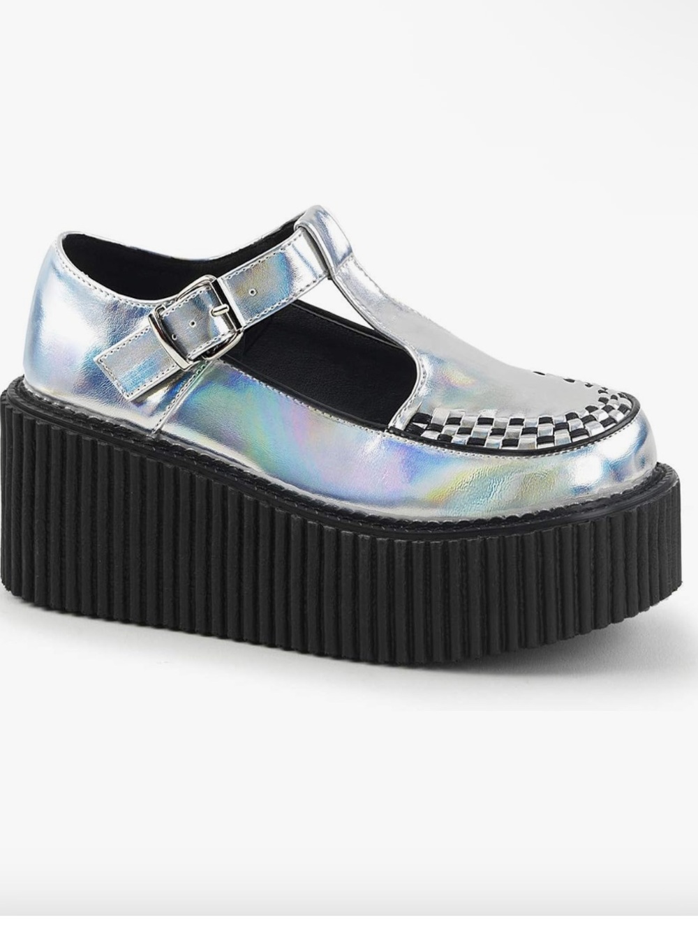 Demonia Holographic Mary Jane Platform Shoe - Black Sole